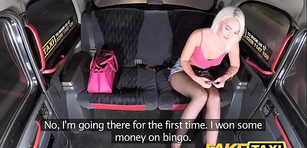  Fake Taxi Sexy blonde in tight denim shorts with fishnets and heels